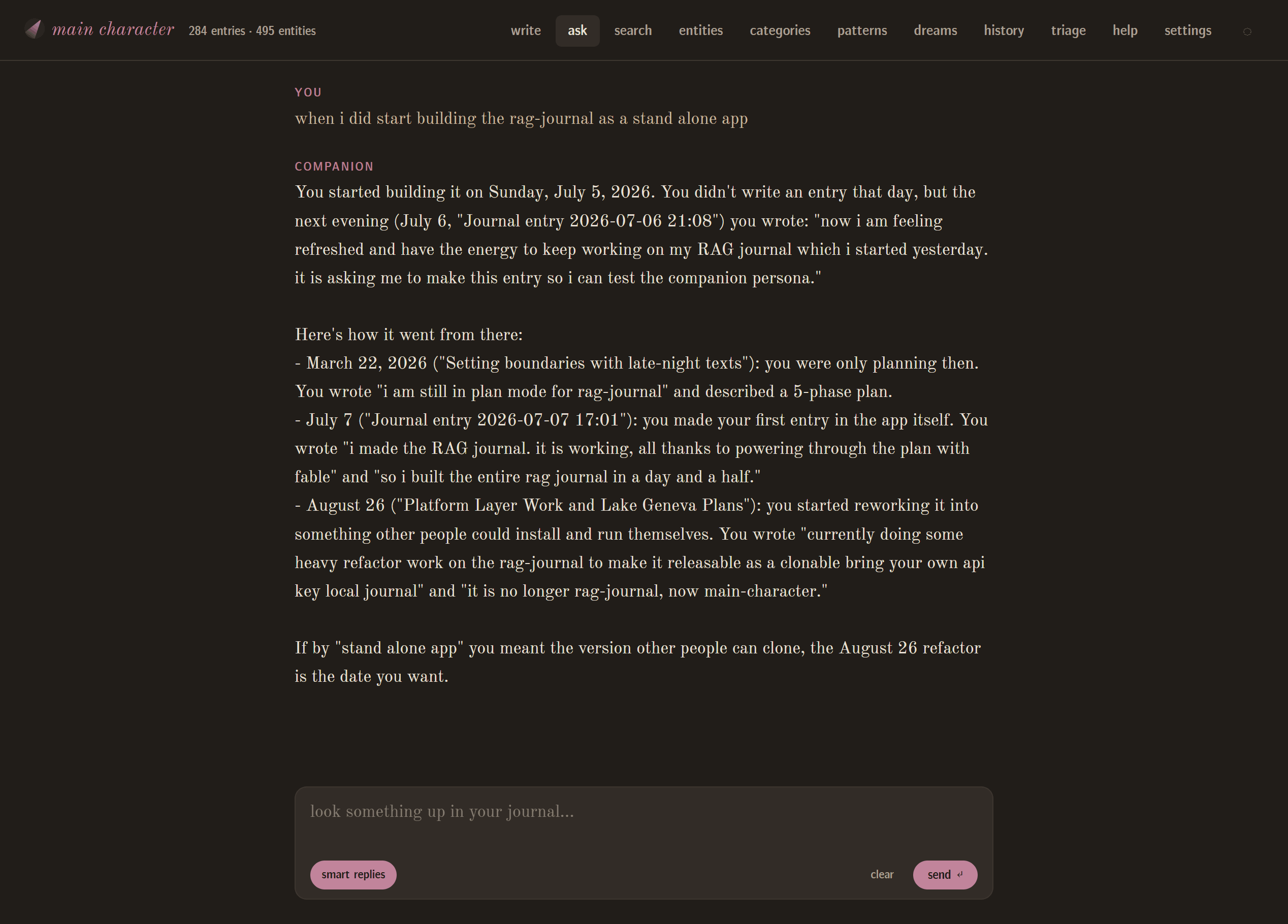 Screenshot of the Main Character chat screen answering my question about when I started to build the app